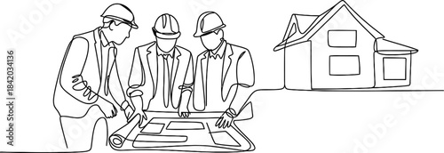 Continuous line drawing of engineers reviewing blueprints for a new house construction Vector, illustration