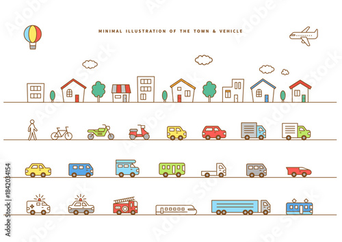 交通・乗り物と街並みのフラットアイコンセット（車・電車・建物・生活）