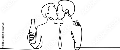 Continuous line art drawing of two men kissing and sharing an intimate moment together Vector, illustration