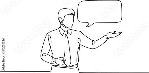 Continuous line art drawing of a man presenting or speaking with a blank speech bubble Vector, illustration
