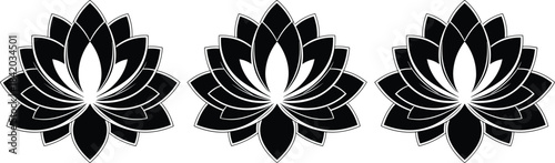 Lotus flower silhouette, symmetrical design, black vector art, spiritual symbol, decorative pattern, nature motif, peaceful theme, floral elegance, artistic balance