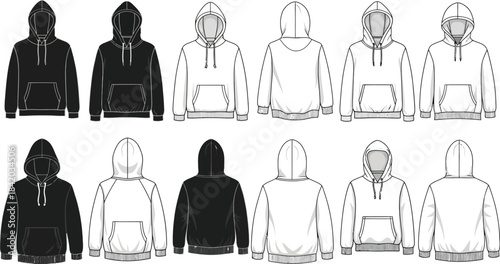 Set of black and white hoodie mockup templates showing front and back views