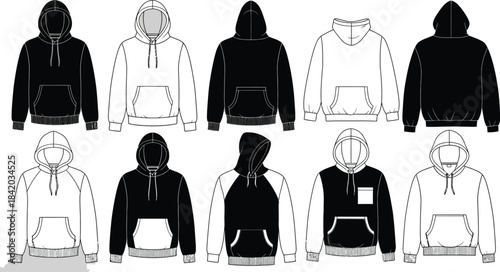 Collection of black and white hoodie flat sketches for apparel design