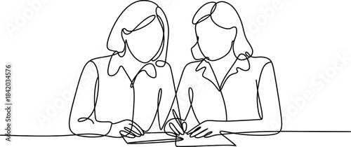 Continuous line drawing of two women collaborating at a table Vector, illustration
