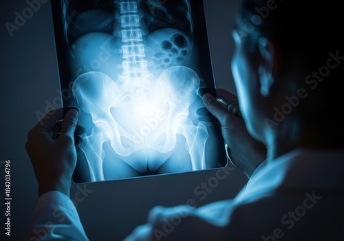 Doctor examining a human spine x ray isolated on white background