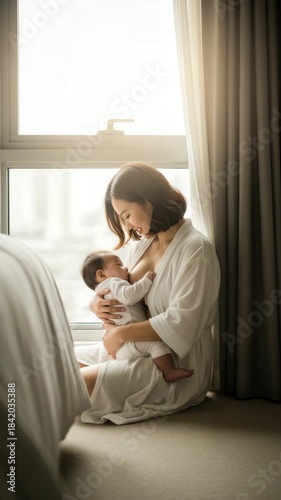 A mother holds her baby while breastfeeding in a cozy room illuminated by morning light