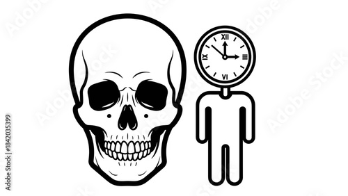 Large skull and suited clock-headed figure