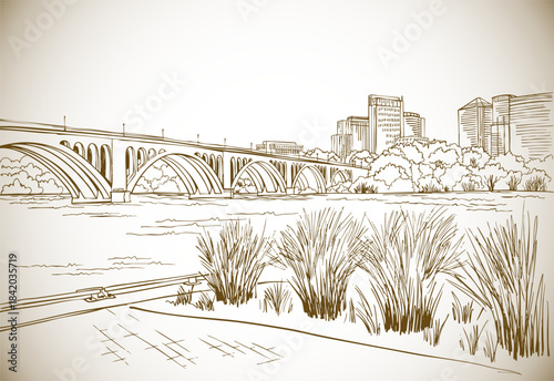 The nice view of the Key Bridge in Washington DC, USA. Potomac River. Arlington. Urban landscape. Hand drawn sketch. Sepia illustration. Line Art. Vector background. Vintage Postcard style.