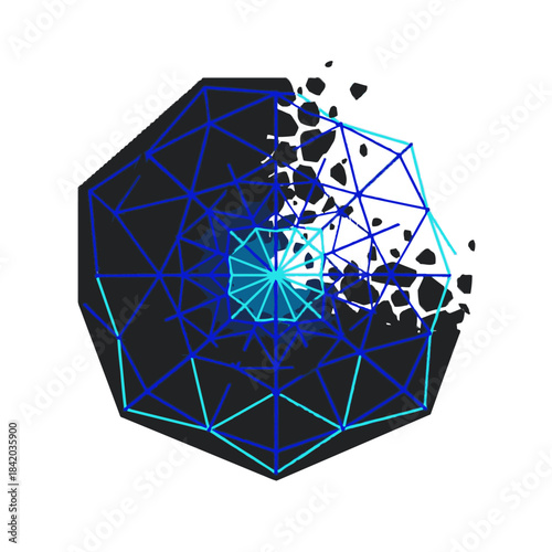 Abstract geometric shape disintegrating into digital fragments against a white background, representing data loss or breakdown.