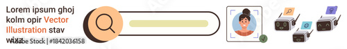 Digital communication, user profiles, technology integration, online search, personalization, data sharing. Magnifying glass, search bar user image and devices. Digital communication and user