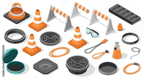 Construction barrier and safety equipment set showing cones, fences, helmets and hazard symbols, ideal for engineering visuals, industrial design layouts and workplace safety illustrations.