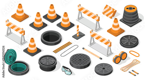  Construction barrier and safety equipment icons set, featuring cones, barricades, helmets and warning signs, perfect for industrial illustrations, safety manuals,