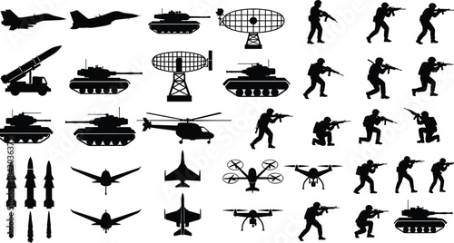 Military silhouette collection, soldiers, tanks, helicopters, fighter jets, defense icons, black vector style, cad drawing flat vector illustration, combat scene