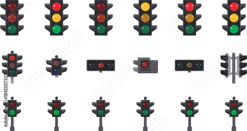 A collection of various traffic light icons and illustrations, showcasing different designs, orientations, and signal states on a white background.