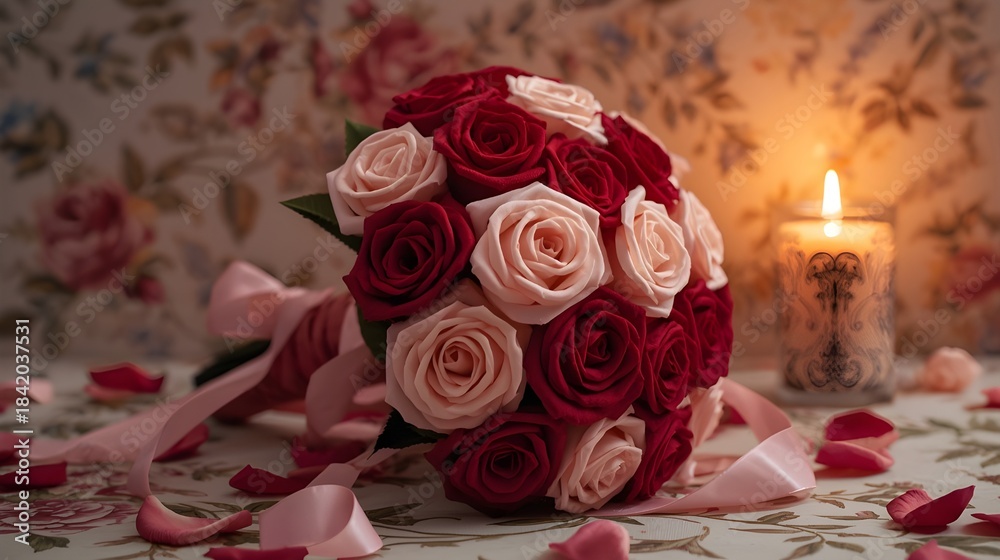 Obraz premium Romantic Pink and Red Wedding Bouquet with Candlelit Background
