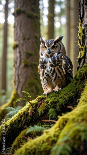 An owl perched on a mossy branch in a verdant, sunlit forest