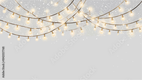 Strings of warm glowing fairy lights with a subtle snowy background, creating a festive and decorative atmosphere.