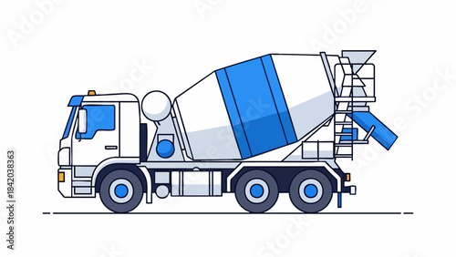 Blue and White Concrete Mixer Truck Side View Vector Illustration