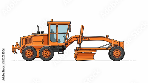 Heavy-Duty Orange Road Grader: Detailed Vector Illustration of Construction and Earthmoving Machinery in Side Profile on a Clean White Background