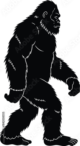 Mythical Bigfoot Sasquatch Monster Silhouette Vector Illustration, Cryptid Ape Man Walking Side View, Hairy Humanoid Creature of Legend, Wilderness Wildlife Mystery.