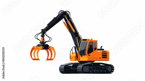 Dynamic Orange Grapple Excavator: Heavy-Duty Industrial Material Handler Vector Illustration