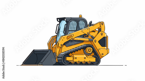 Robust Yellow Compact Track Loader – Isolated Heavy Duty Construction Equipment with Tracks, Side View Vector Illustration