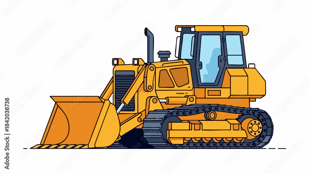 Obraz premium Powerful Yellow Track Loader: Modern Cartoon Illustration of Heavy Construction Machinery