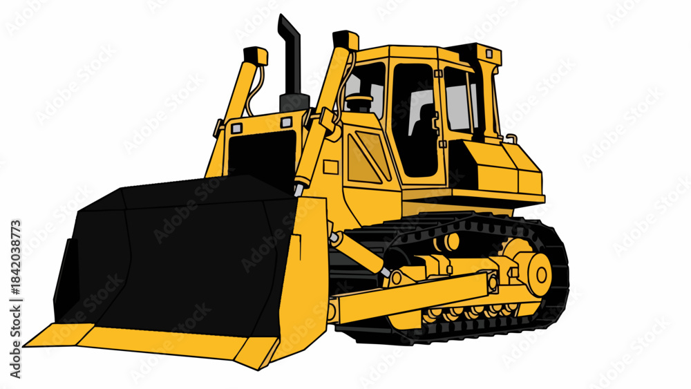 Fototapeta premium Vibrant Yellow Bulldozer Illustration - Powerful Earthmoving Construction Vehicle on White