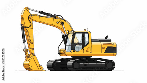 Robust Yellow Excavator Illustration - Modern Heavy Construction Machinery on Clean White Background