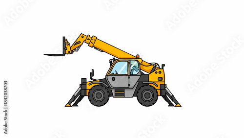 Bright Yellow Telehandler Heavy Equipment Illustration with Extended Boom and Stabilizers