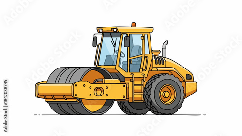Vibrant Yellow Road Roller: Essential Compactor Illustration for Construction and Pavement Groundwork