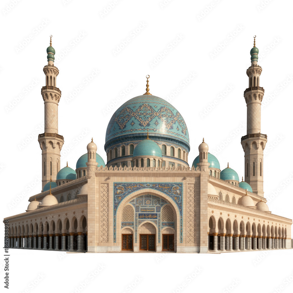 Fototapeta premium Blue Domed Mosque With Minarets isolated on a transparent background domes architecture