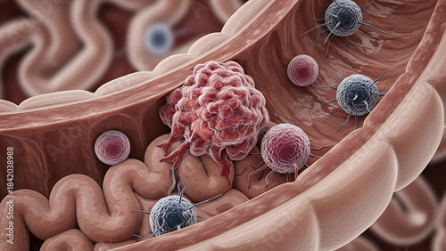 Large intestine Colon cancer Cancer attacking cell Colon disease concept 3d illustration