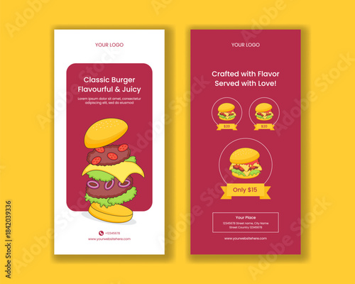 Vertical Banner Burger Time Flat Cartoon Hand Drawn Illustration Background