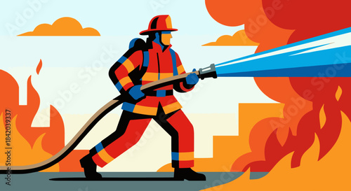 “Firefighter Holding Hose”
Flat vector firefighter spraying water from a hose, strong solid colour blocks, minimal background showing simple flame shapes.