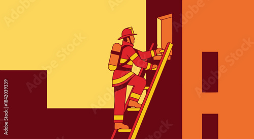 “Firefighter Climbing Ladder”
Flat vector firefighter climbing ladder toward a window, clean lines, solid red and yellow tones, minimal building silhouette.