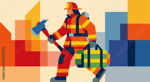 “Firefighter Carrying Equipment”
Flat vector firefighter walking with axe and gear bag, bold geometric shapes, solid warm and cool colours.