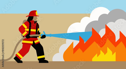 “Firefighter Extinguishing Flames”
Flat vector firefighter aiming water at stylized flames, no gradients, simple solid-colour fire and smoke shapes.