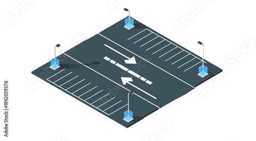  Parking lot design with road markings and lamp posts, featuring organized parking spaces,
