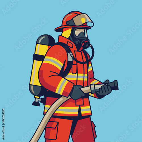 “Firefighter in Full Gear”
Flat vector front-facing firefighter wearing helmet, mask, oxygen tank, all drawn in bold solid shapes against a flat background.