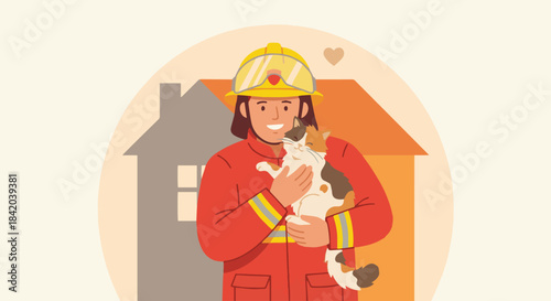  “Firefighter Rescuing Cat”
Flat vector firefighter holding rescued cat, warm friendly colours, simple home silhouette behind, minimal emotional scene.v