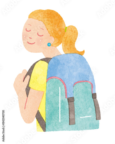 リュックを背負って旅に出る女性の水彩風イラスト