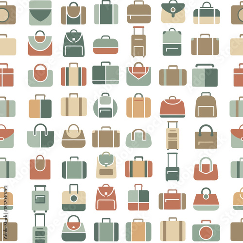 Seamless pattern background with various types of travel luggage and bags icons in a flat design style. Vector Illustrations. EPS Editable