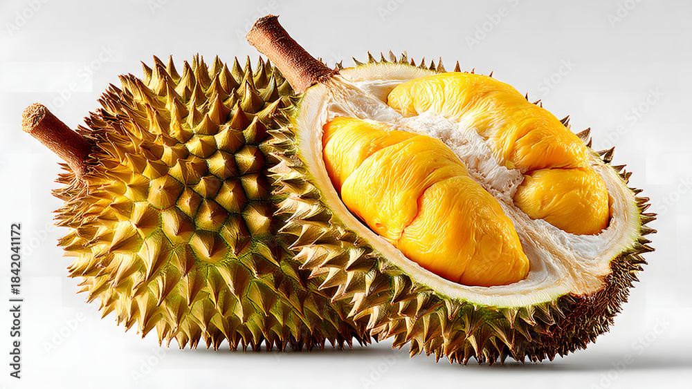 Fototapeta premium Two Exotic Durians, One Whole and One Expertly Halved, Revealing the Spiky Greenish-Yellow Exterior and the Luscious, Creamy Golden Pulp Inside, a True Tropical Delicacy
