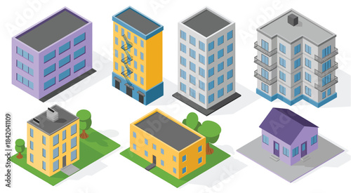 Modern building collection featuring apartments and houses,