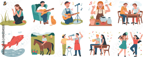 Collection of people enjoying hobbies and leisure activities, flat vector illustrations showing relaxation, creativity, music, nature, family time