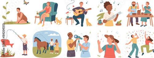 Collection of people enjoying hobbies and leisure activities, flat vector illustrations showing relaxation, creativity, music, nature, family time