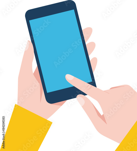 Hands holding smartphone and touching screen, flat vector illustration of mobile phone usage, touchscreen interaction concept