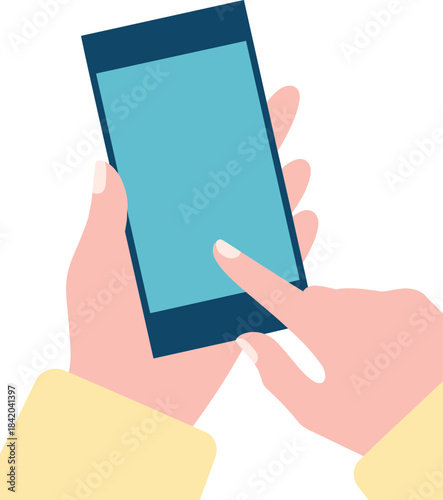 Hands holding smartphone and touching screen, flat vector illustration of mobile phone usage, touchscreen interaction concept