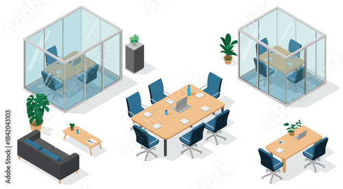 Modern office rooms with desks and furniture for workspace design